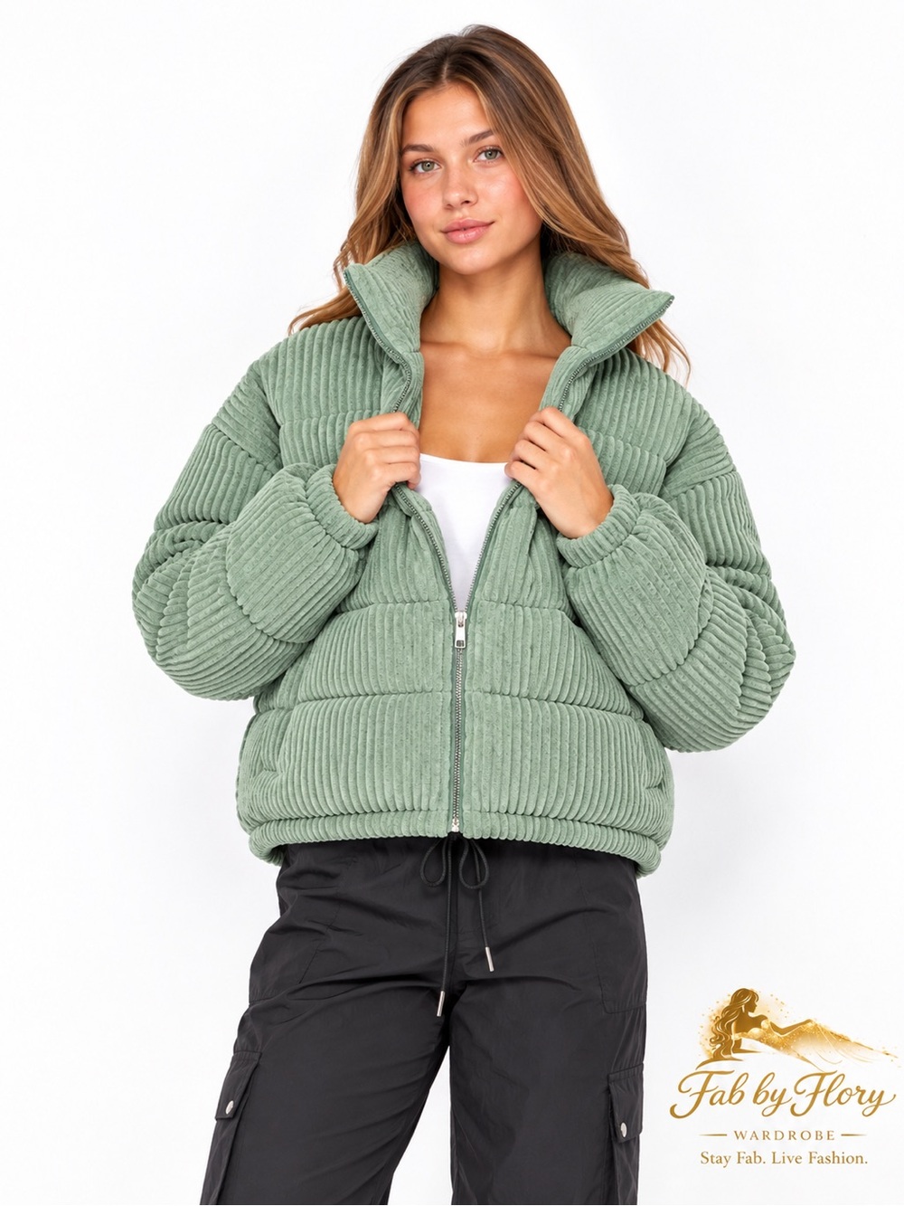 MEBON Corduroy Puffer Jacket Mint Sage Green Cropped M NWT
